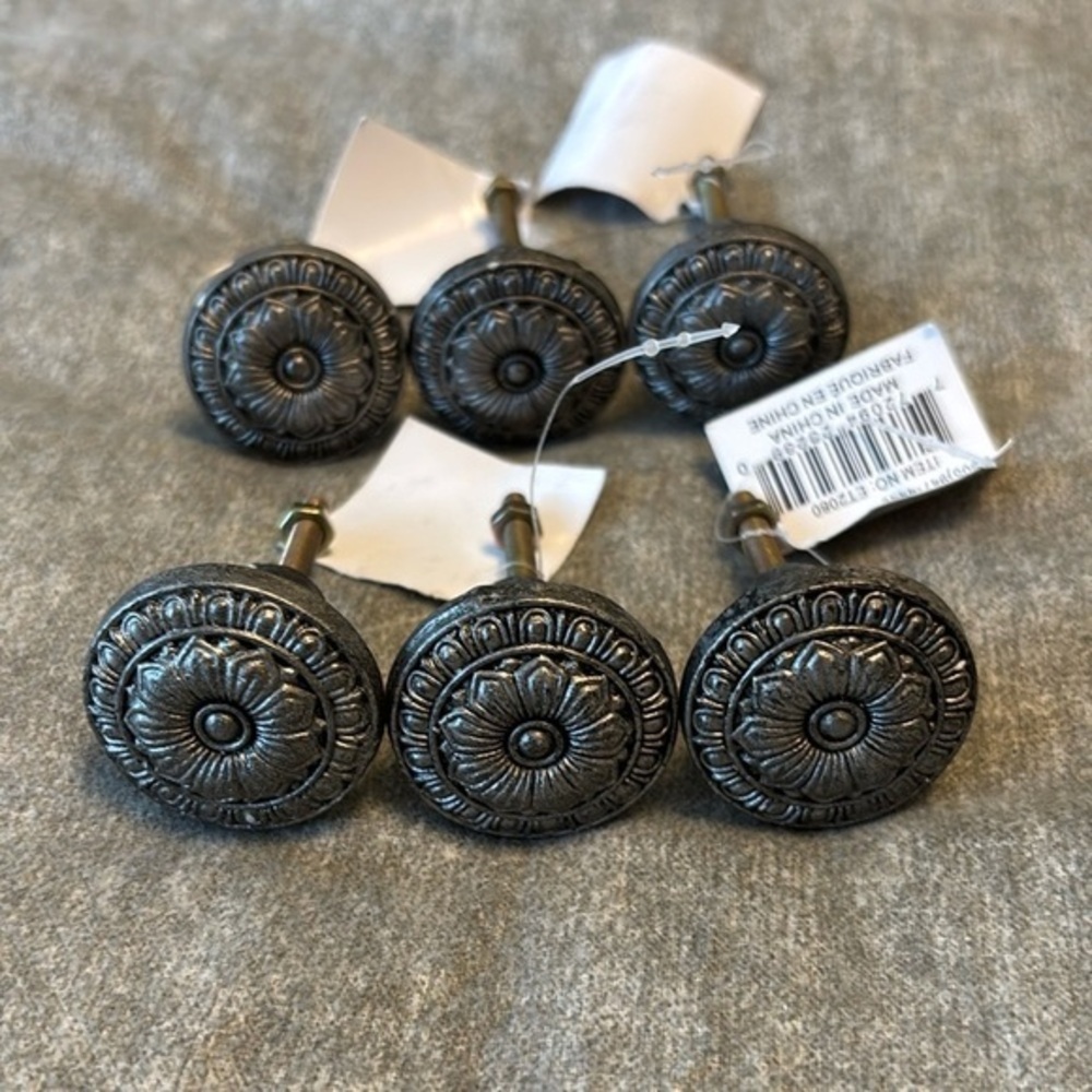 SET OF SIX hardware dresser knobs furniture handles silver toned floral design